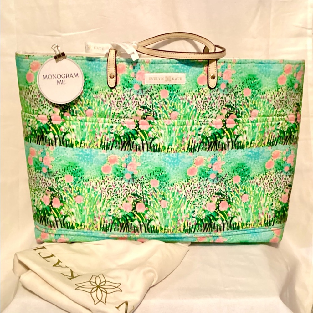 Evelyn & Kate Pink Roses on Green Canvas Floral Shoulder Tote